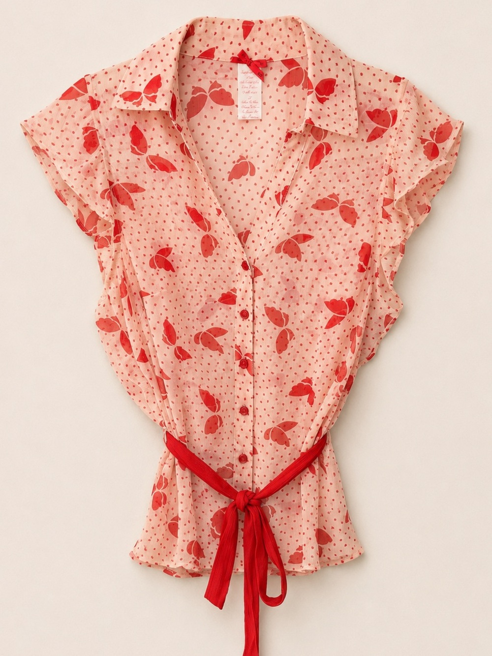 Vintage Y2K Butterfly Print Sheer Tie Waist Blouse Beige Red Size L XXI